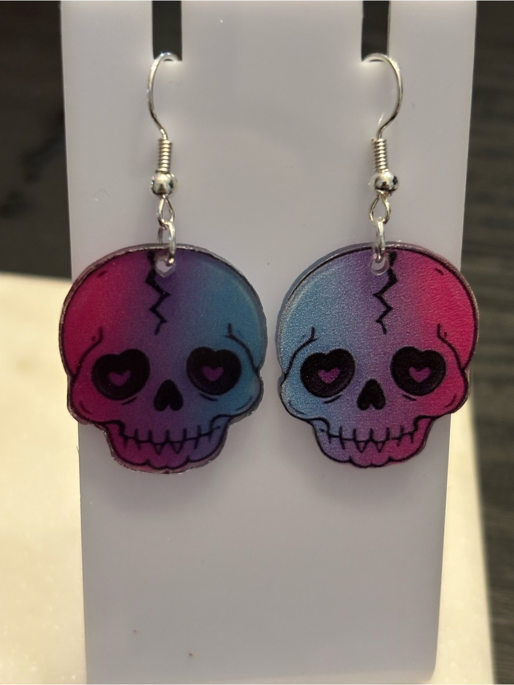 Pink Blue Skull Acrylic Dangle Earrings | Cracked Skull Heart Eyes | Gothic Alt